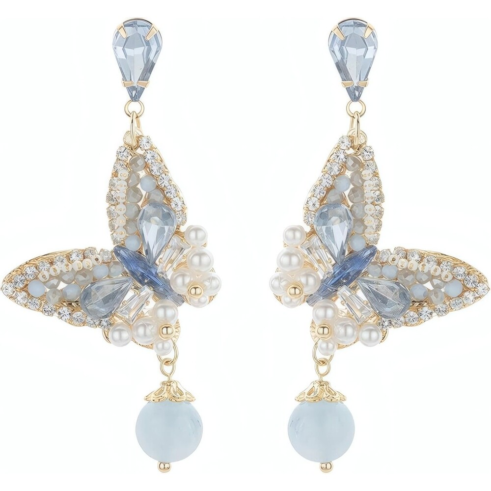 Blue Butterfly Crystal Floral Leverback Dangle Earrings Gold Plated for Women